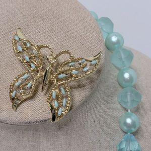 Butterfly brooch vintage pastel blue gold
